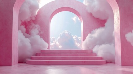 Poster - A dreamy podium emerges amidst soft, fluffy clouds, gently illuminated by a celestial light. The pink hues create a magical ambiance, sparking creativity and wonder