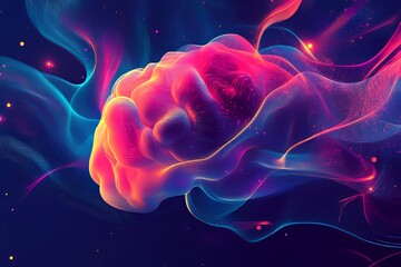 Poster - Colorful abstract representation of a brain surrounded by swirling light on a dark background. Generative AI