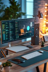 Poster - A modern workspace featuring dual monitors, a sleek keyboard, and ambient lighting, perfect for focused coding.