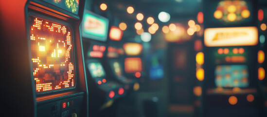 Retro arcade machine glowing in neon lights with vibrant background blur
