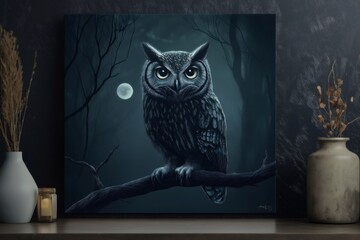 Digital painting of an owl perched on a branch in a dark forest at night, illuminated by the moon, creating a mystical and captivating scene