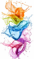 Sticker - Brightly colored clothes swirling in a splash of water against a white background, evoking freshness and cleanliness.  -