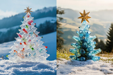Wall Mural - unique christmas trees made from plastic bottles in a snowy landscape