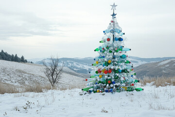 Wall Mural - eco-friendly christmas tree made from recycled bottles in a snowy landscape