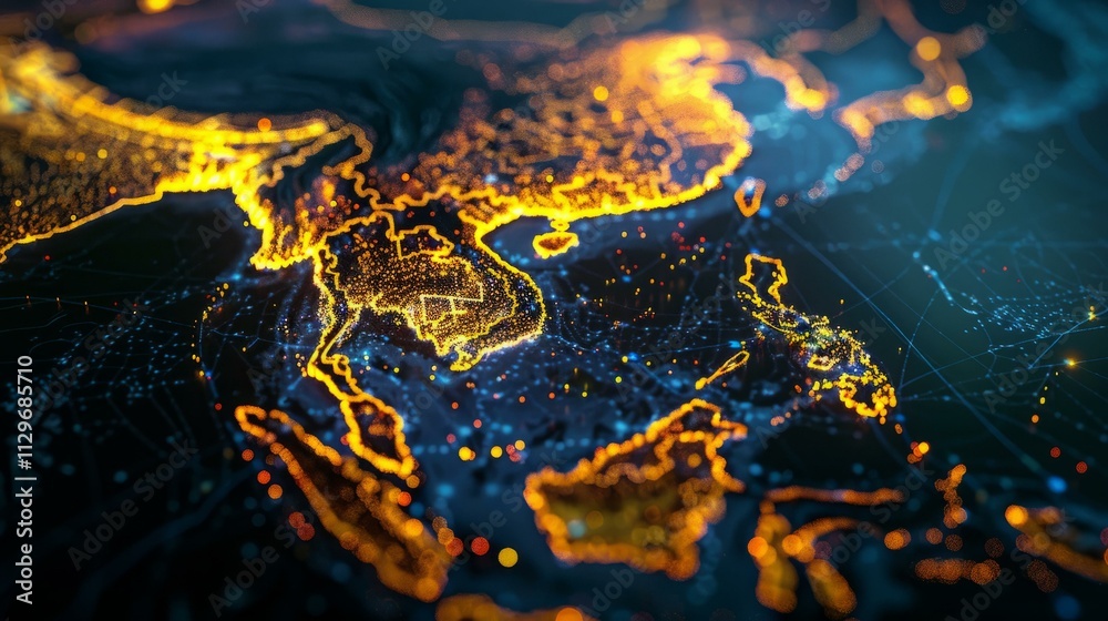 Glowing global network map highlighting economics and trade routes in ...