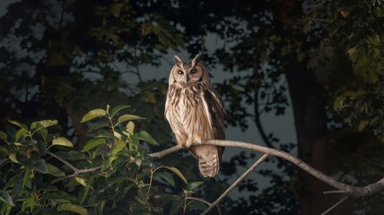 a large owl is perched on a tree branch in the dark. the owl is looking at the camera, and the scene
