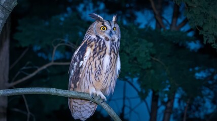 A large owl is perched on a tree branch in the dark. The owl is looking at the camera, and the scene is quiet and peaceful