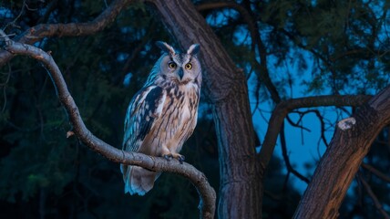 a large owl is perched on a tree branch in the dark. the owl is looking at the camera, and the scene