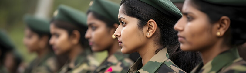 Wall Mural - Group of Indian women in military camouflage uniforms and berets, standing at a ceremony or presentation  -