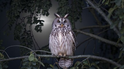 A large owl is perched on a tree branch in the dark. The owl is looking at the camera, and the scene is quiet and peaceful