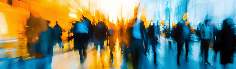 A long exposure shot of a crowd of business people walking quickly through a bright office lobby, creating a blur effect. The background features an abstract, blurred office interior space.