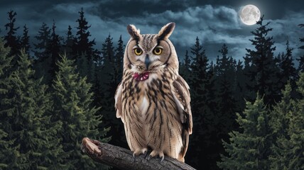 a large owl is perched on a tree branch in the dark. the owl is looking at the camera, and the scene