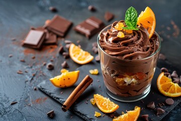 Chocolate mousse with orange chips on a dark background sweet treat