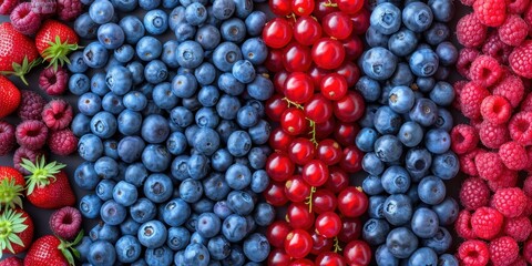 Wall Mural - Vivid and Colorful Arrangement of Fresh Berries: Strawberries, Blueberries, Red Currants, and Raspberries Forming a Stunning Display of Natural Richness