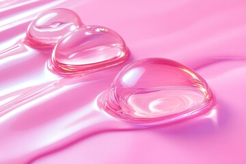 Poster - Three glossy water droplets rest on a smooth pink surface illuminated by bright light. Generative AI