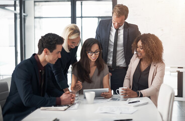 Sticker - Group, business people and tablet with discussion, collaboration or coworking in office or meeting. Women, men and technology for brainstorming, teamwork or review in project management as colleagues