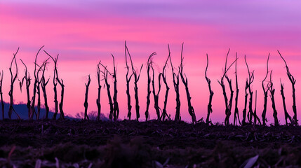 Wall Mural - Regenerative Agriculture: Silhouette of Corn Stalks Emerging from Rye Cover Crop Residue at Sunset