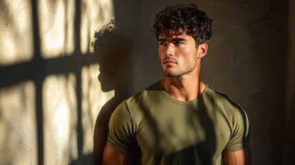 Poster - A handsome man wearing an olive green t-shirt gazes thoughtfully while standing against a textured wall. Soft light filters through, creating intriguing shadows that enhance the atmosphere