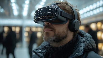 Poster - Man engaged in immersive VR experience in an innovative retail space during evening hours