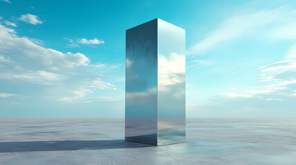 Wall Mural - Chrome retro box or monolith in surreal abstract desert landscape with blue sky background, geometric primitive fantasy concept. Monolith. Illustration