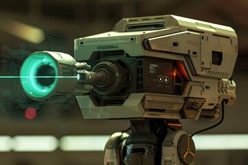 Poster - Futuristic robot with glowing laser mechanism showcases advanced technology in a high-tech environment. Generative AI