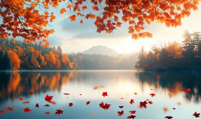 Canvas Print - Serene autumn sunrise over calm lake with vibrant fall foliage reflected in still water, maple leaves falling.