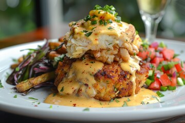 Poster - Crab cake benedict on white plate at Cuban fusion eatery