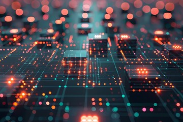 Poster - Digital circuit board with glowing components and intricate connections illuminated in a futuristic setting. Generative AI