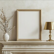 © VANDAM - In this mockup an empty frame in a horizontal orientation is prominently displayed covering 50 of the image Positioned on a classic mantel the frames warm wood tone