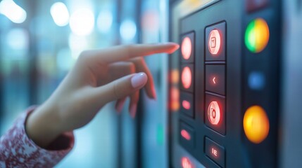 Woman's Hand Pressing Button on Modern Control Panel