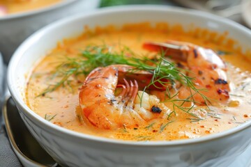 Poster - Creamy lobster bisque with grilled prawn and dill in white bowl