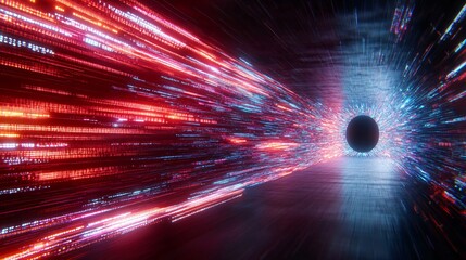 Poster - Abstract depiction of a black hole surrounded by vibrant light trails and energy, illustrating the concept of space, time, and cosmic phenomena in a stunning visual format
