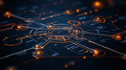 Poster - Abstract digital network concept with glowing nodes and connections in a dark background, representing technology, data flow, and communication systems for futuristic design.