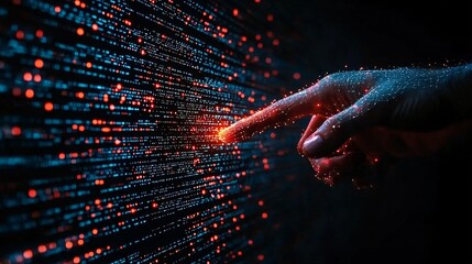 Poster - Digital Interaction with Data Stream: Futuristic Hand Touching Glowing Particles in Virtual Space, Symbolizing Technology, Connectivity, and Innovation