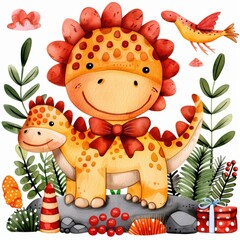 Wall Mural - Cute Cartoon Dinosaur with Nature Elements and Colorful Background