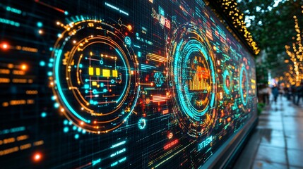Poster - Futuristic digital display with vibrant data visualizations and glowing elements showcasing advanced technology and information in an urban environment at night