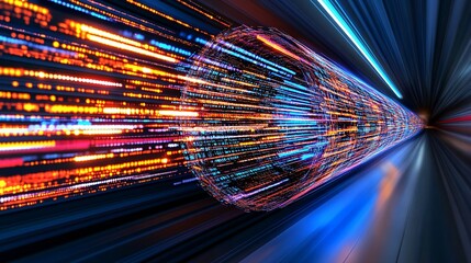 Fototapete - Abstract digital tunnel with vibrant light trails showcasing speed and technology, representing data flow and fast communication in a futuristic setting