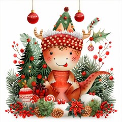 Wall Mural - Cute Baby Dinosaur in Christmas Hat Surrounded by Festive Decor