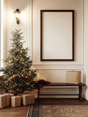 a cozy vintagestyle minimalist entryway decorated for christmas there is a single large vertical pic