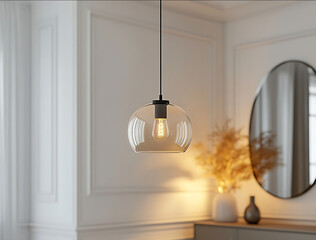 White walls glass pendant light in the middle of the white wall and a mirror cabinet on the right side in a modern style Closeup view photorealistic interior desig