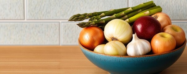 A vibrant bowl of prebiotic foods such as garlic, onions, asparagus, and apples, styled on a wooden countertop with natural lighting