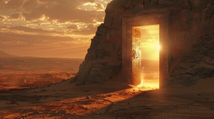 a high-definition image of an ancient stone door in a barren desert half-open with a radiant blue light streaming out