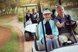 © peopleimages.com - Couple, smile and drive golf cart for fun, sports and recreation with weekend, bonding and path. Senior people, happy and outdoor on course for game, practice and club competition with retirement