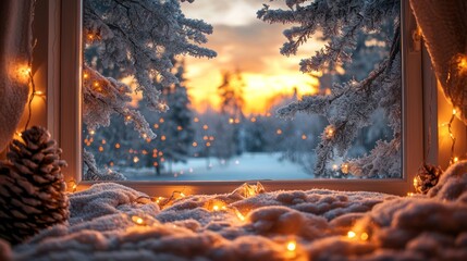 Aufkleber - A peaceful winter wonderland unfolds outside a window, framed by twinkling fairy lights and soft snow. The sunset casts a golden hue across the serene, snowy landscape