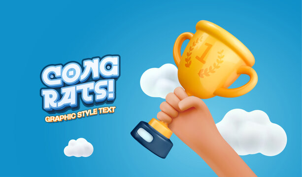 Champion cup in human hand 3d vector illustration. Win prize, first place sport competition design element. Isolated cartoon trophy cup on blue background. 3d text effect editable graphic style.
