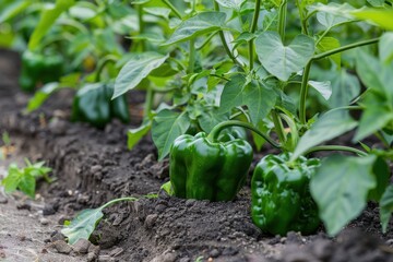 Wall Mural - Green sweet peppers on bed Bushes also have green sweet peppers