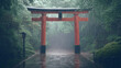 © Thiago - Torii gate sanctuary: a serene japanese garden in soft light, rain falling gently around a traditional red torii gate, evoking tranquility and spiritual reflection. Nirvana. Illustration