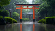 © Thiago - Torii gate sanctuary: a serene japanese garden in soft light, rain falling gently around a traditional red torii gate, evoking tranquility and spiritual reflection. Nirvana. Illustration