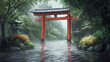 © Thiago - Torii gate sanctuary: a serene japanese garden in soft light, rain falling gently around a traditional red torii gate, evoking tranquility and spiritual reflection. Nirvana. Illustration