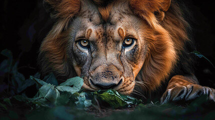 lion animal eating meat food from his prey in african safari wildlife nature outdoors. hungry carniv